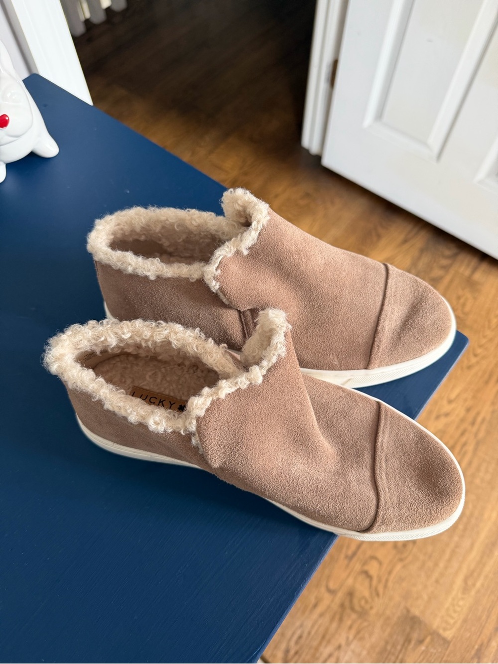 Lucky Brand Taupe Suede-Look Slip-On Shearling Trim booties